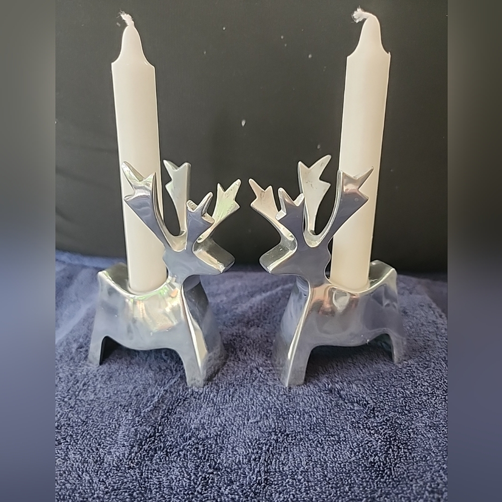 Cast Aluminum Reindeer Candle Holders x 2 Taper Scandinavian Christmas 5" Tall